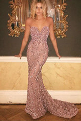 Mermaid Sweep Train Sweetheart Backless Prom Dresses with Sequins